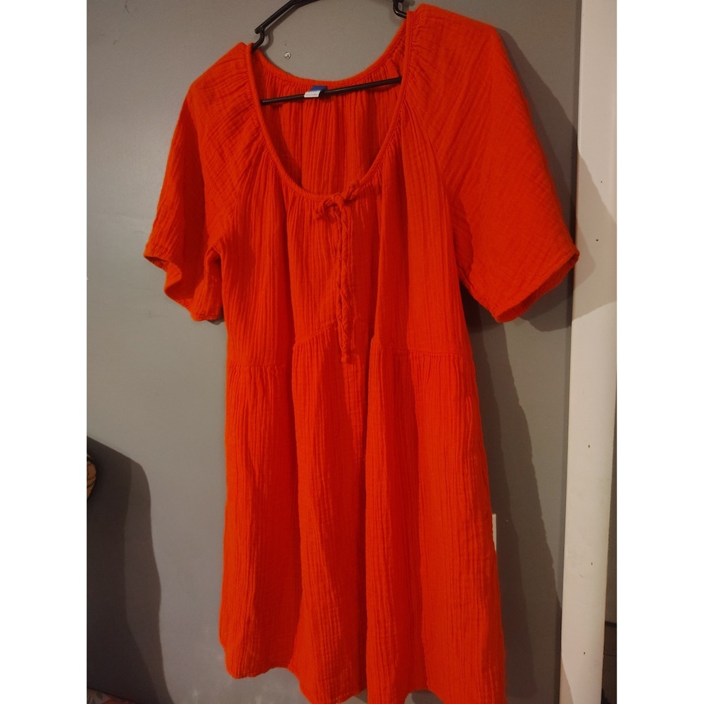 Old Navy Womens Orange Gauze Tiered Tie Front Shift Dress Medium Short Sleeve